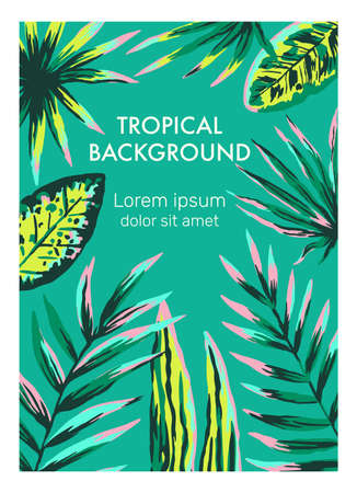 Original vector template with hand drawn neon jungle palm leaves and branches. Summer nature background. Vector illustrationのイラスト素材