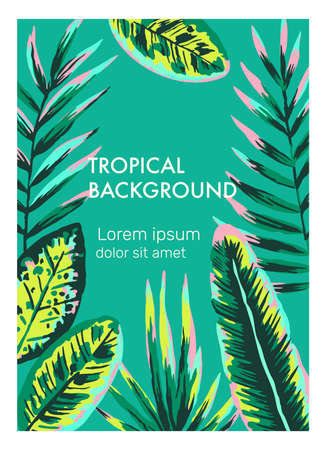 Original vector template with hand drawn neon jungle palm leaves and branches. Summer nature background. Vector illustrationのイラスト素材