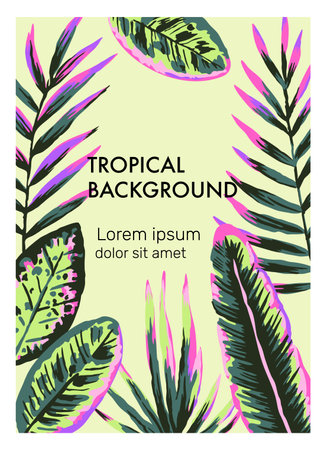 Original vector template with hand drawn neon jungle palm leaves and branches. Summer nature background. Vector illustrationのイラスト素材