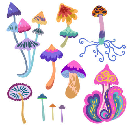 Set of psychedelic and fairy colorful mushrooms isolated on white background. Vector hand drawn illustration. Vector illustrationのイラスト素材