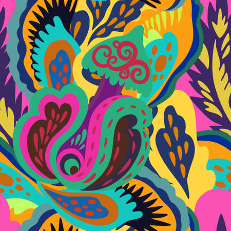 Colorful seamless pattern with crazy psychedelic organic abstract elements, print with plant and mushrooms motifs and bright neon colors . Vector illustrationのイラスト素材