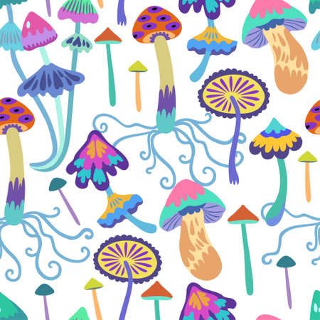 Seamless pattern with psychedelic and fairy colorful mushrooms. Vector hand drawn fantasy illustration.のイラスト素材