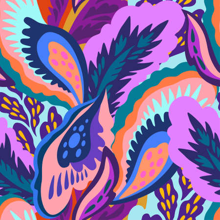 Bright colorful seamless pattern with floral and plants element in psychedelic vibrant funky style for textile and design. Vector illustrationのイラスト素材