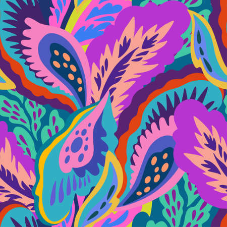 Bright colorful seamless pattern with floral and plants element in psychedelic vibrant funky style for textile and design. Vector illustrationのイラスト素材