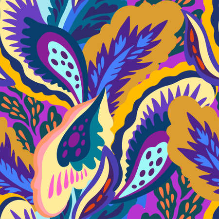 Bright colorful seamless pattern with floral and plants element in psychedelic vibrant funky style for textile and design. Vector illustrationのイラスト素材