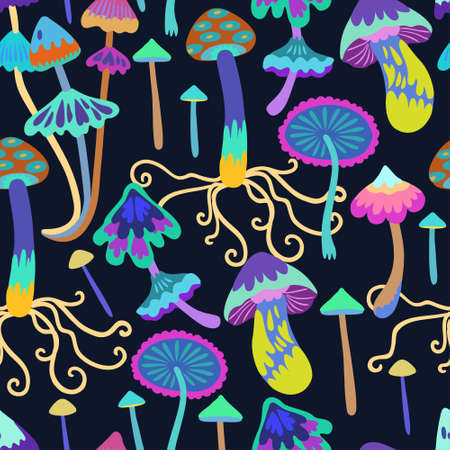 Seamless pattern with psychedelic and fairy colorful mushrooms. Vector hand drawn fantasy illustration.のイラスト素材
