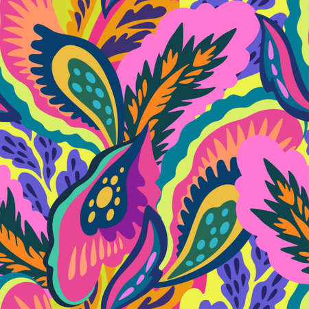 Bright colorful seamless pattern with floral and plants element in psychedelic vibrant funky style for textile and design. Vector illustrationのイラスト素材