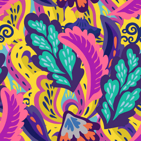 Bright colorful seamless pattern with floral and plants element in psychedelic vibrant funky style for textile and design. Vector illustrationのイラスト素材