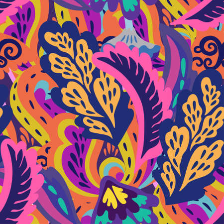 Bright colorful seamless pattern with floral and plants element in psychedelic vibrant funky style for textile and design. Vector illustrationのイラスト素材
