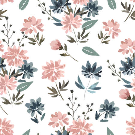 Seamless pattern with cute delicate pastel flowers in watercolor style isolated on white background. Vector illustrationのイラスト素材