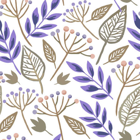 Seamless pattern with berry branches and skeleton autumn leaves. Vector hand drawn illustration for design and decor.のイラスト素材
