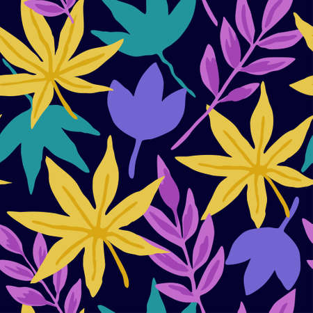 Seamless pattern with doodle leaves and abstract plant elements. Vector illustrationのイラスト素材