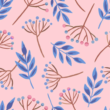 Seamless pattern with berry branches and doodle autumn leaves. Vector hand drawn illustration for design and decor.のイラスト素材