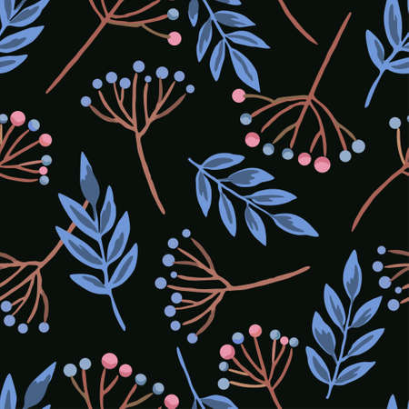 Seamless pattern with berry branches and doodle autumn leaves. Vector hand drawn illustration for design and decor.のイラスト素材
