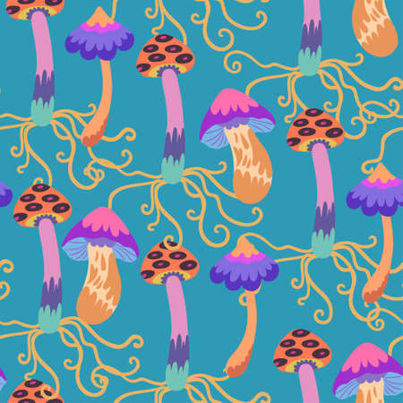 Seamless pattern with psychedelic and fairy colorful mushrooms. Vector hand drawn fantasy illustration.のイラスト素材