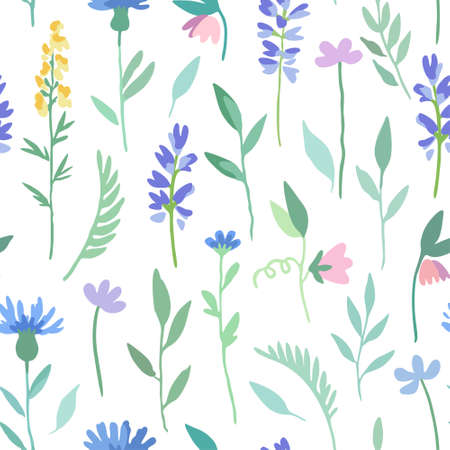 Seamless pattern with abstract meadow flowers in delicate watercolor style. Vector illustrationのイラスト素材