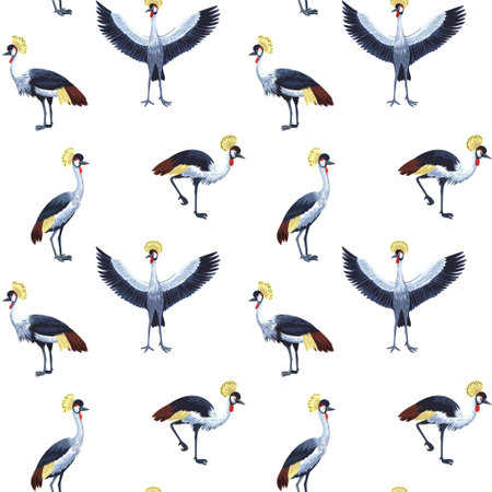 Vector seamless pattern with crowned crane birds. Hand drawn illustrationのイラスト素材