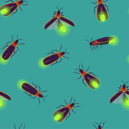 Seamless pattern with firefly beetle flying with different angles for textile and design. Hand drawn illustrationのイラスト素材