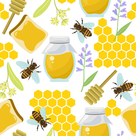Seamless pattern with bees, flowers and honeycomb. Colorful summer texture. Vector illustrationのイラスト素材