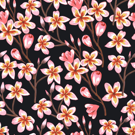 Hand drawn seamless pattern with blooming sakura branches. Vector illustrationのイラスト素材