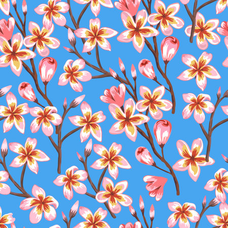 Hand drawn seamless pattern with blooming sakura branches. Vector illustrationのイラスト素材