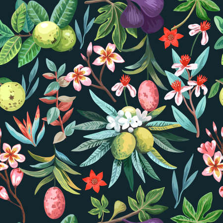 Seamless pattern with exotic tropical plants, fruits and flowers. Tropical paradise colorful print for design and textile. Vector illustrationのイラスト素材