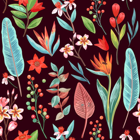 Seamless pattern with exotic tropical plants and flowers. Tropical paradise colorful print for design and textile. Vector illustrationのイラスト素材