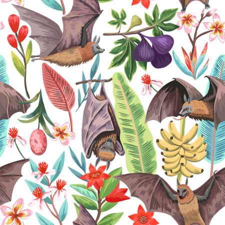 Seamless pattern with exotic tropical fruits , flowers and cute flying foxes, fruit bats. Tropical paradise colorful original print for design and textile. Vector illustrationのイラスト素材