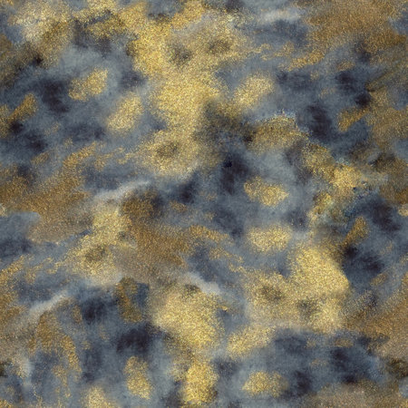 Black and gold abstract seamless pattern with glittering sparkles. Decorative space background for design. High quality hand painted texture.の写真素材