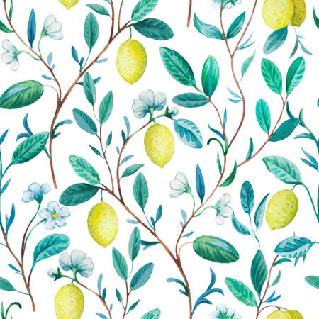 Watercolor seamless pattern with blooming lemon trees and branches. Retro decorative texture for textile and design. Hand drawn vintage printの写真素材
