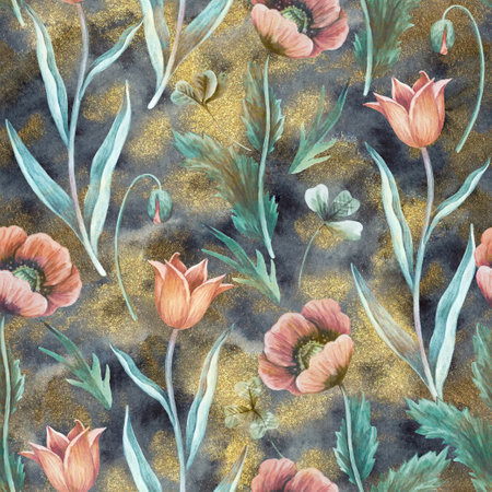 Golden elegant luxury background with meadow flowers, poppy and tulip, for wallpapers and fabric design.の写真素材