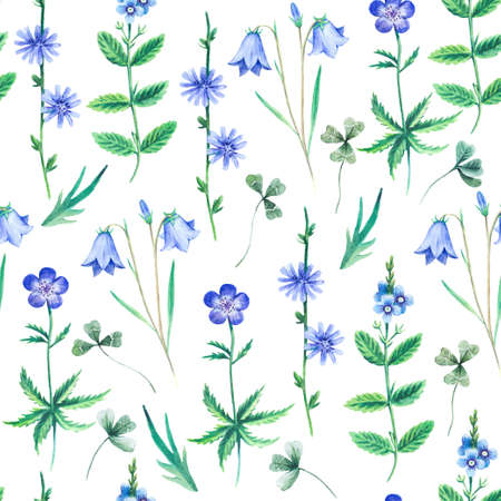 Watercolor seamless pattern with cute realistic wild meadow blue flowers. Texture for textile and fabric.の写真素材