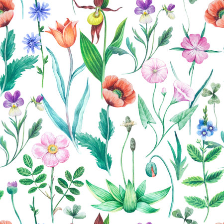 Seamless watercolor floral pattern with wild field and meadow plants. Hand painted texture for design and textile.の写真素材