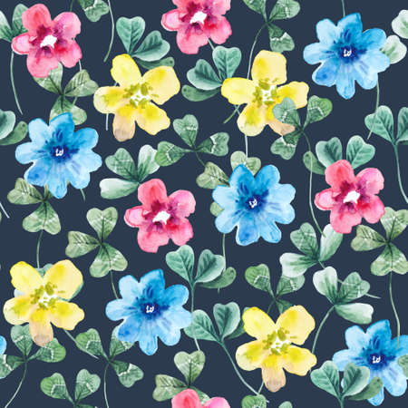 Seamless pattern with clover leaves and cute festive flowers. Hand drawn watercolor illustration. High quality texture for design and decor.の写真素材