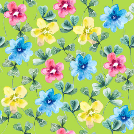 Seamless pattern with clover leaves and cute festive flowers. Hand drawn watercolor illustration. High quality texture for design and decor.の写真素材