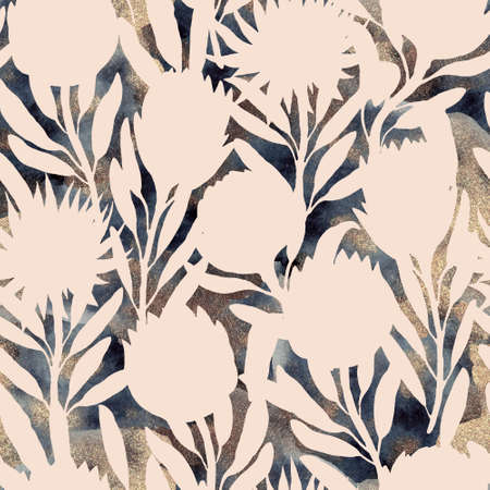 Seamless pattern with hand painted watercolor golden texture and abstract protea flowers silhouette. Background texture for design and decor.の写真素材
