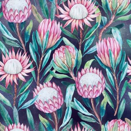 Seamless pattern with hand painted watercolor realistic protea flowers. Original vintage texture for design and decor.の写真素材