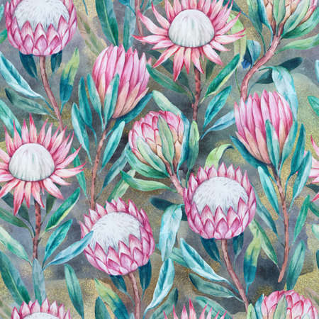 Vintage seamless pattern with hand painted luxury glittering protea flowers. Original retro texture for design and decor.の写真素材
