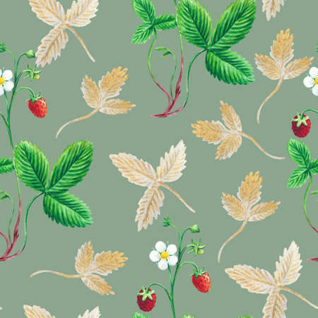 Watercolor seamless pattern with wild forest strawberries for fabric and design.の写真素材