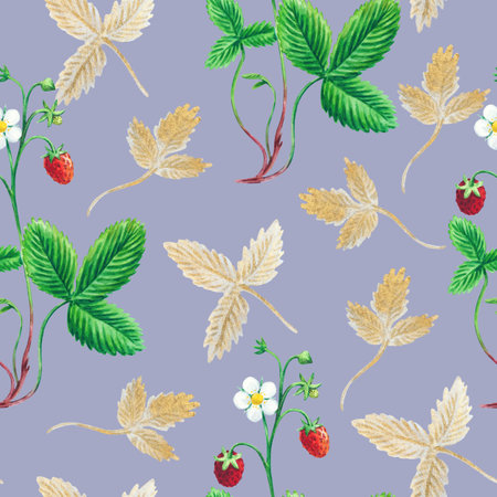 Watercolor seamless pattern with wild forest strawberries for fabric and design.の写真素材