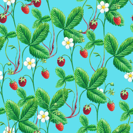 Watercolor seamless pattern with wild forest strawberries for fabric and design.の写真素材