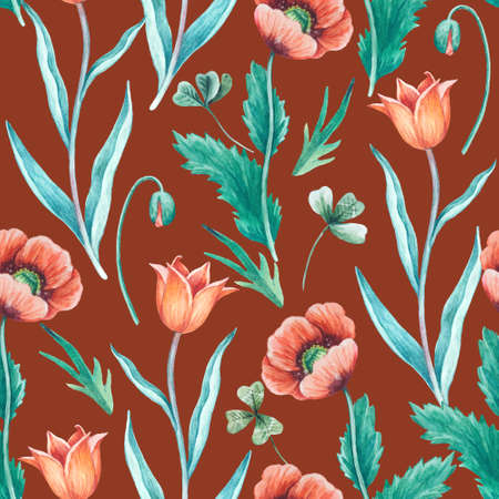 Watercolor seamless pattern with red wild poppy and tulip flowers. Hand drawn print for design and fabric.の写真素材