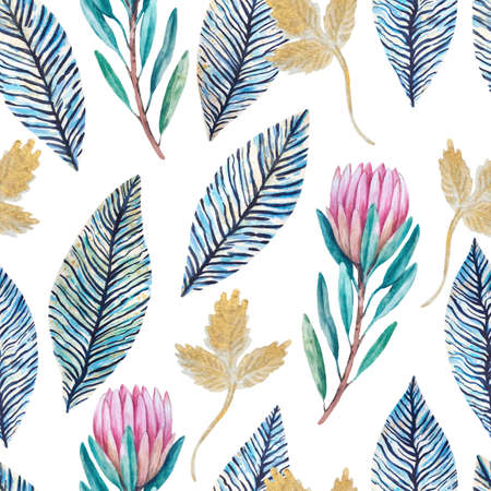 Vintage seamless pattern with hand painted luxury glittering protea flowers. Original retro texture for design and decor.の写真素材