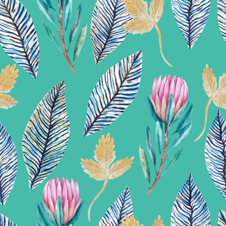 Vintage seamless pattern with hand painted luxury glittering protea flowers. Original retro texture for design and decor.の写真素材