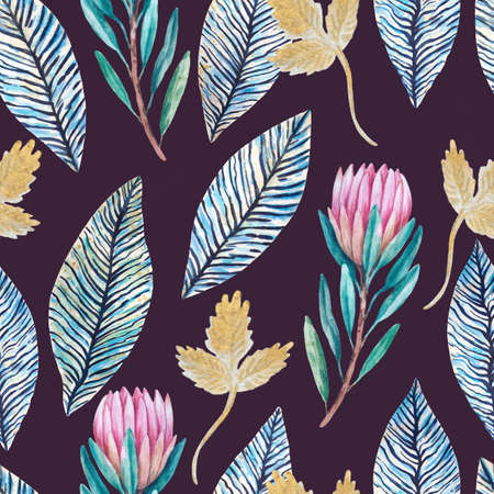 Vintage seamless pattern with hand painted luxury glittering protea flowers. Original retro texture for design and decor.の写真素材