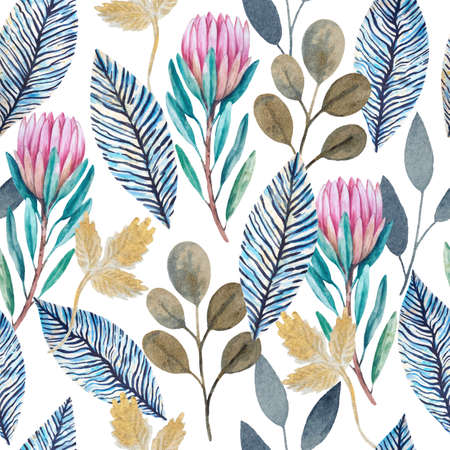 Vintage seamless pattern with hand painted luxury glittering protea flowers. Original retro texture for design and decor.の写真素材