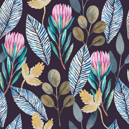 Vintage seamless pattern with hand painted luxury glittering protea flowers. Original retro texture for design and decor.の写真素材