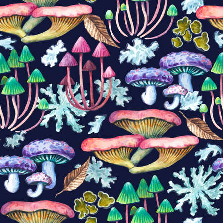 Seamless pattern with tree forest mushrooms and lichens. Realistic rich botanical print for design. Watercolor illustration.の写真素材