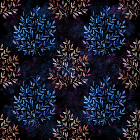 Seamless pattern with cute simple detailed branches with leaves. Watercolor illustration.の写真素材