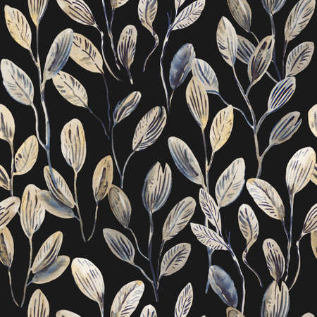 Watercolor fairy seamless pattern with golden shimmering abstract plants and leaves for fabric and design. High quality illustrationの写真素材